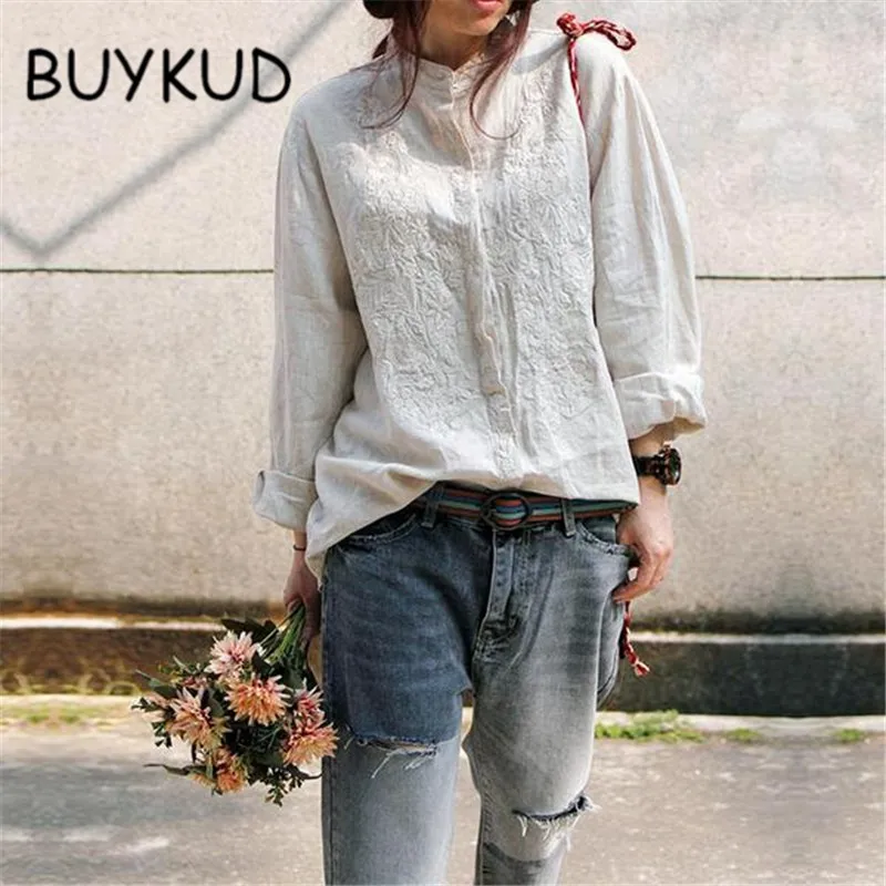 BUYKUD/Повседневная льняная блузка с вышивкой новинка 2018 рубашка длинными рукавами