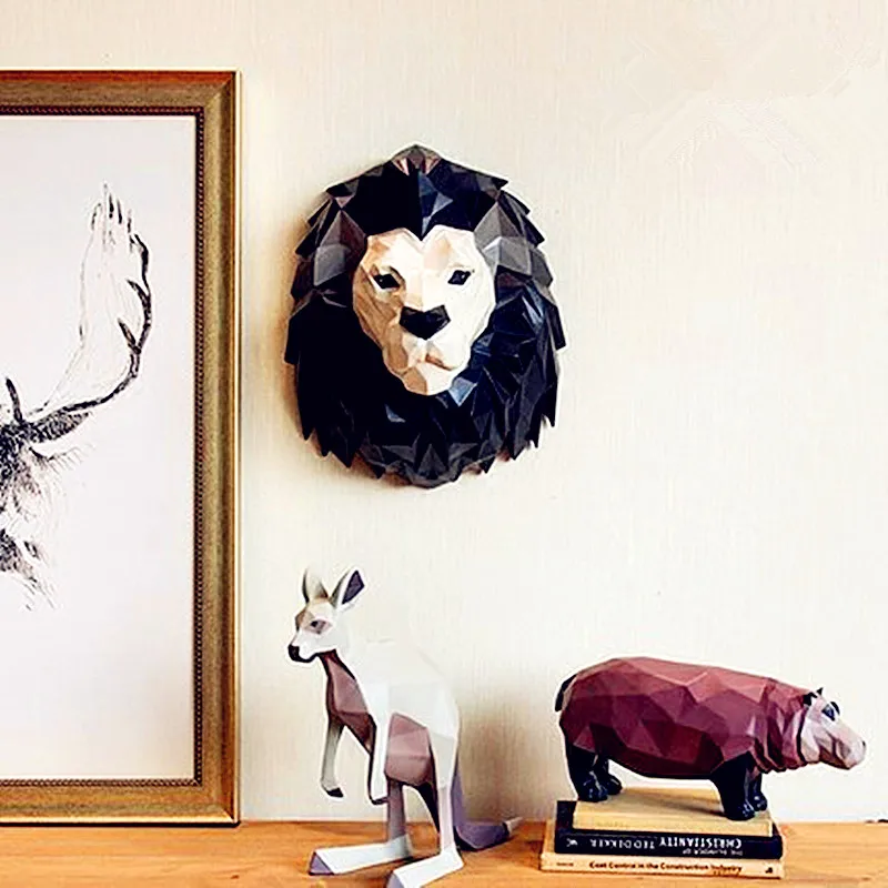

Simulation Lion Head Statue Geometric Animal Resin Crafts Home Decoration Solid Wall Hanging Accessories For Living Room L2809