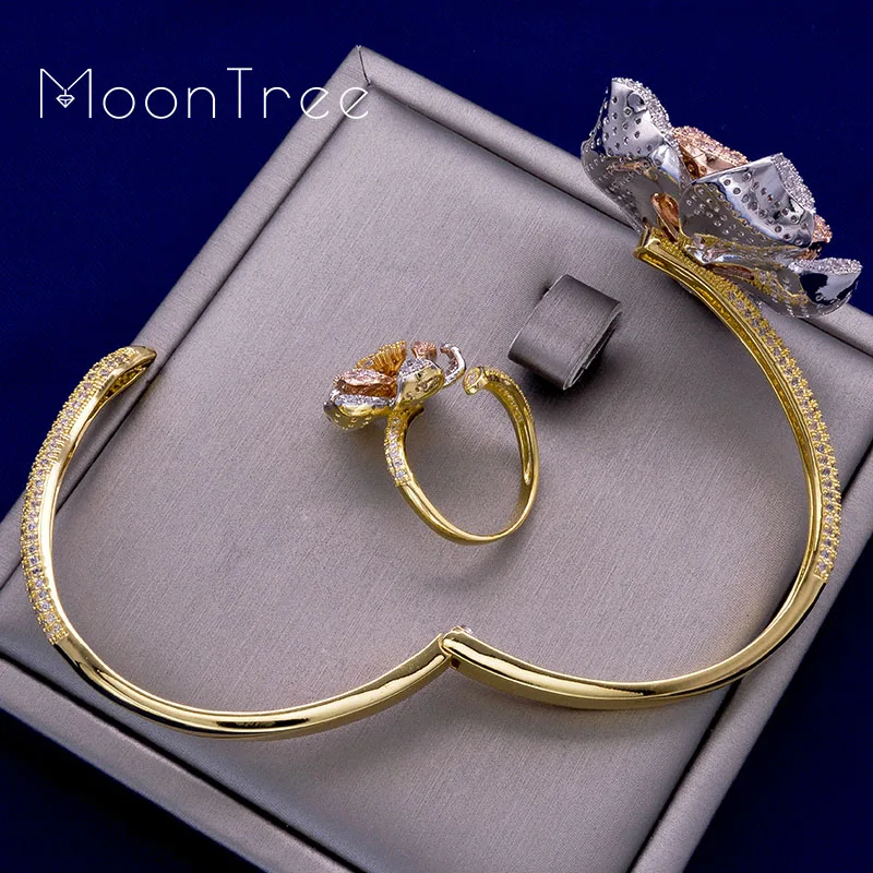 MoonTree, модный роскошный цветок, роскошные стразы, наборы свадебных ювелирных изделий, три цвета, слой, медная оплетка, форма кольца, браслет, набор