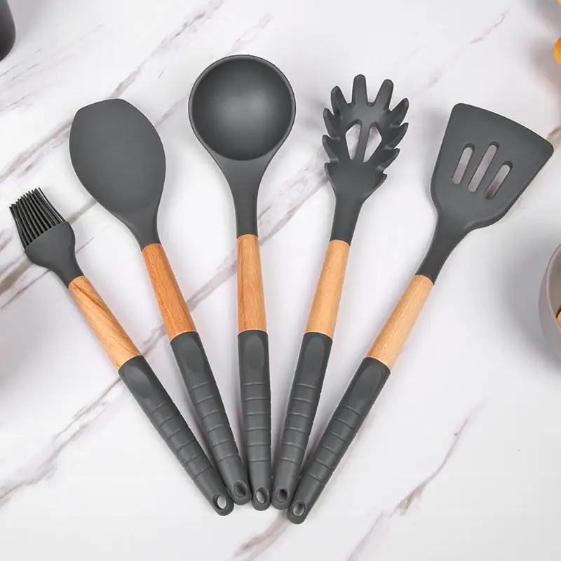 

Wood handle Cooking Tools Silicone Kitchenware Shovel Rice Spoon Butter Brush Cookware Beech Handle Shovel Spoon Home Kitchen