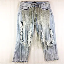 Женские джинсы,, модные, с бисером, с кисточками, с большими отверстиями, сексуальные, нищие джинсы, женские, в стиле панк, джинсовые брюки-карандаш