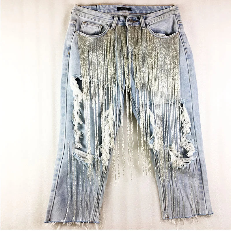 

Jeans WOMEN 2019 fashion beading tassel big hole sexy beggar jeans women punk denim pencil pants