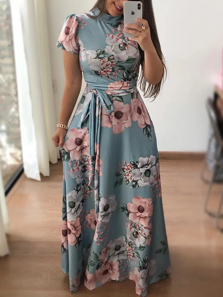 Comprar Vestido Maxi estampado Floral de mujer Casual de manga corta cuello alto una línea fajas vendaje largo vestido de mujer Vintage otoño elegante vestido