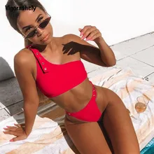 Sexy biquíni vermelho 2021 cintura alta corte maiô mulheres empurrar para cima banho de verão beachwear sólido um ombro biquíni