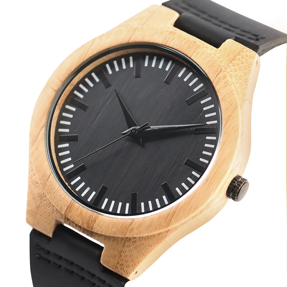 Top Gifts Super Pure Light Bamboo Case Watches Black Dial Analog Wood Watch Mens 100% Natural Casual Leather Quartz Wristwatches 2017 (3)