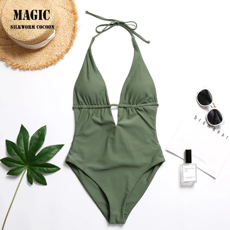 

Woman's Swimming Suit New Green Deep V Neck Sexy Bodysuit Swimsuit One Piece Bathing Suit Backless Swimwear Bather Female
