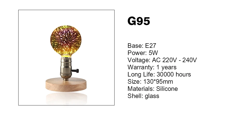 3D цветная светодиодная лампа Эдисона E27 220V винтажная декоративная лампа для фейерверков ST64 G95 A60 Рождественский Ампульный светодиодный светильник ing