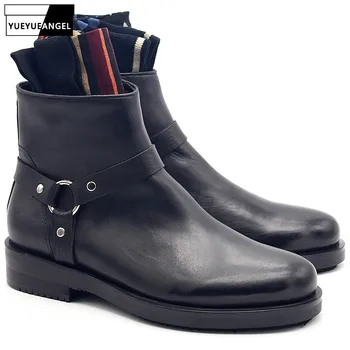 

2019 Autumn Winter Genuine Leather Round Toe Zipper Ankle Boots Men Fashion Black Cowboy Leather Boots High Quality Shoes Male