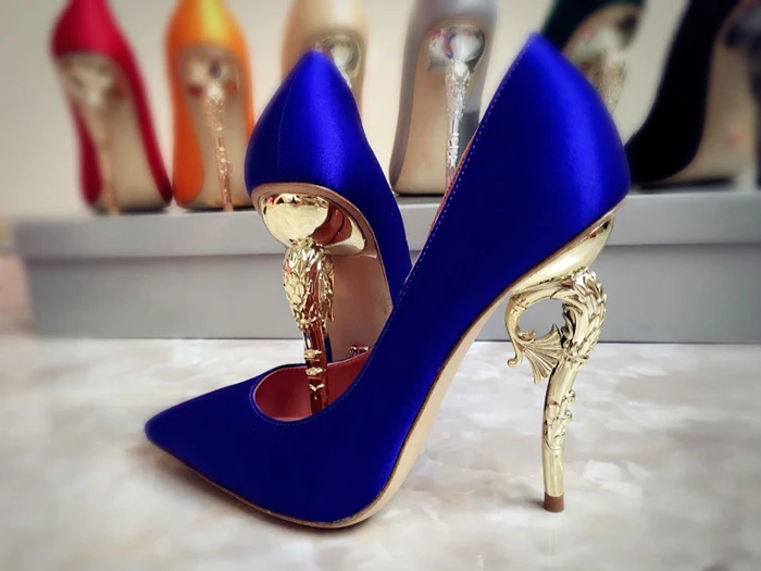 Macytino/элегантные женские туфли-лодочки с острым носком; атласная шелковая обувь на высоком каблуке; пикантные туфли на высоком каблуке с металлическим золотым морским конским каблуком; Femme; свадебные туфли
