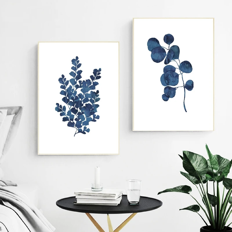 Ink blue fern wall art print living room decor