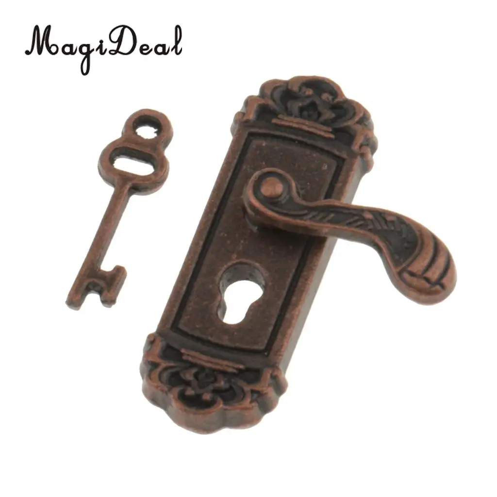 8 Pieces 1/12 Scale Dollhouse Miniature Vintage Door Locks Keys Right Left Handles DIY Scene Accessories