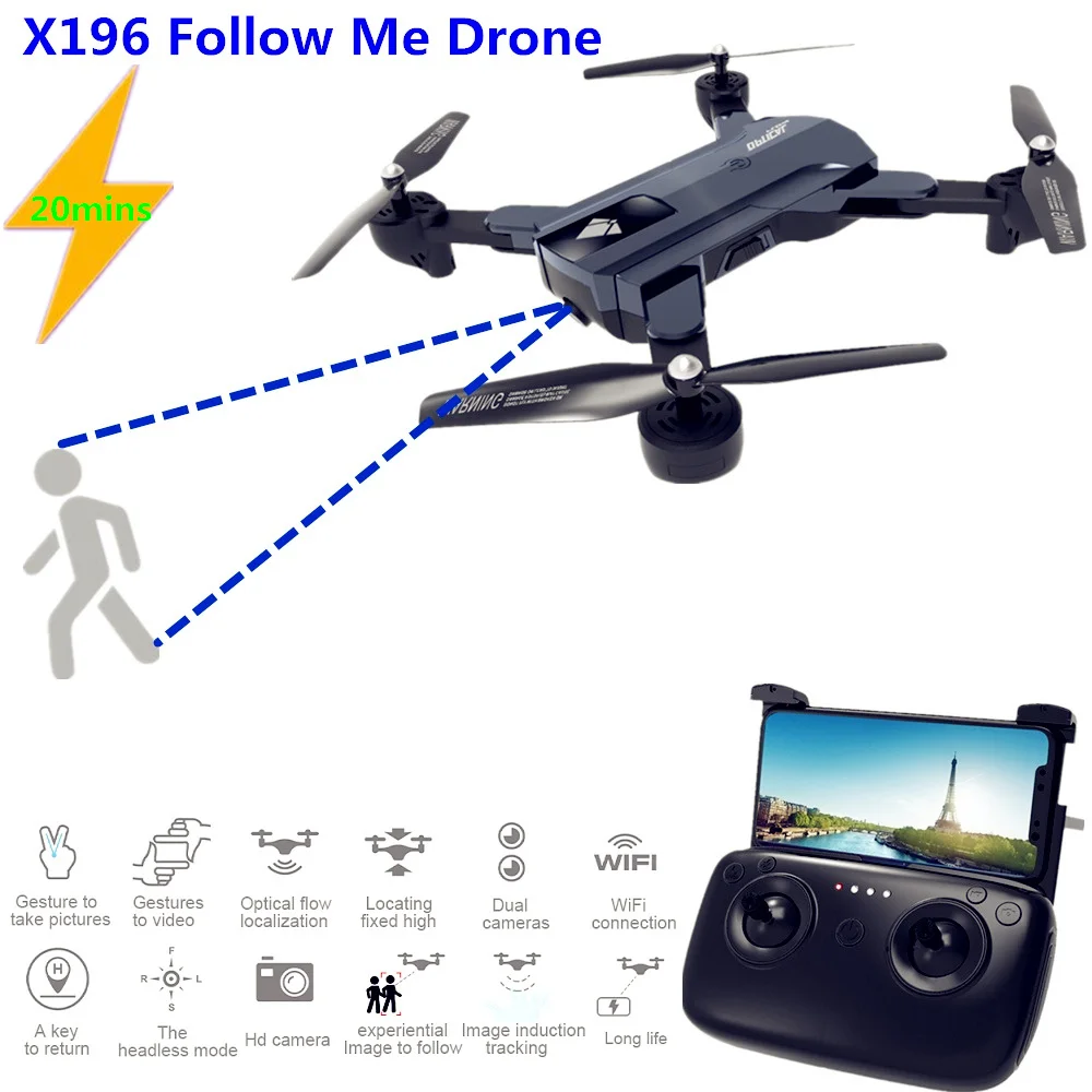 

X196 Drone 20 mins Drones with Camera HD 2MP RC Racing Drone Follow Me FPV RC Quadcopter with Camera Dron VS SG900 XS809S X192