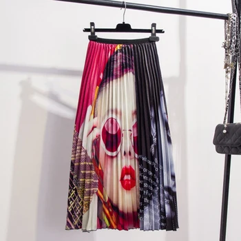 

Maxi long pleated skirt Plus size women Cartoon print white black high skirt with high waist pleated summer skirts womens j