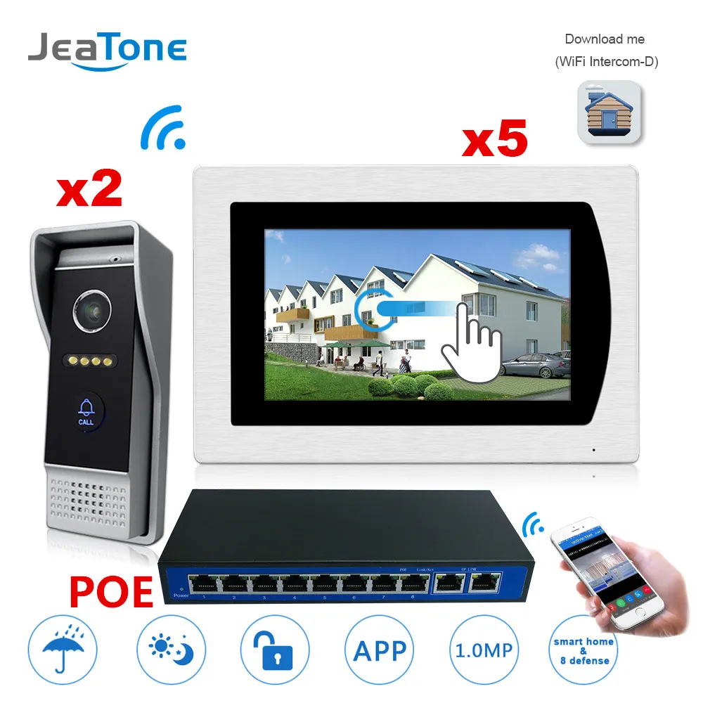 7'' WIFI IP Video Door Phone Intercom Door Bell Speaker Access Control System Touch Screen Motion Detection 2 to 5 w/ POE Switch