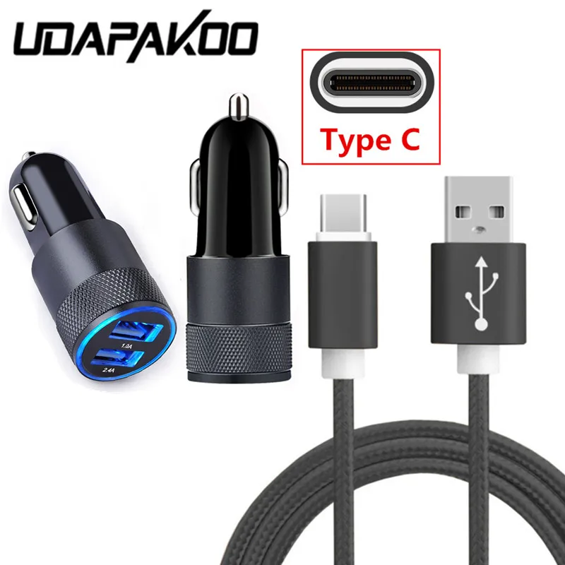 Dual USB 2.1A metal fast car charger + Type C USB Cable For samsung