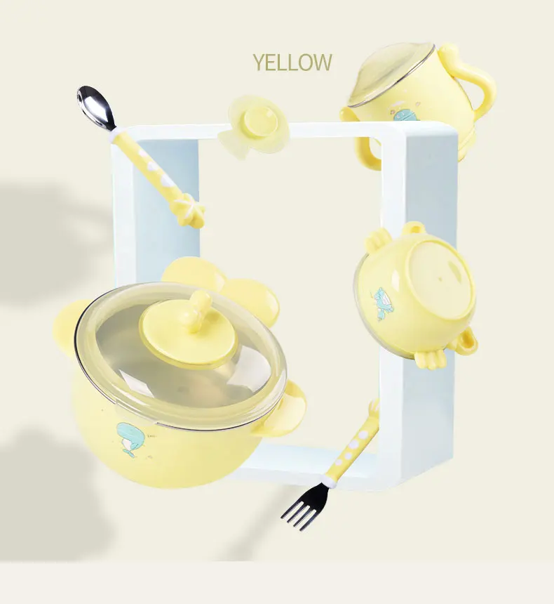 Yellow Нержавеющая сталь, Милая Детская специальная чаша для кормления с героями мультфильмов, детский обеденный тарелка, Детская обучающая чаша - Цвет: Yellow