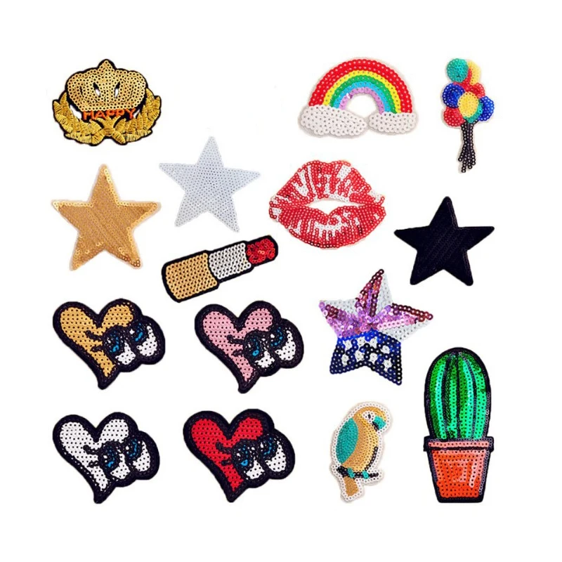 

Lovely Heart Star Cactus Lipstick Rainbow Crown Sequined Patches Sew Fabric Sticker For Clothes Badge Embroidered Appliques DIY
