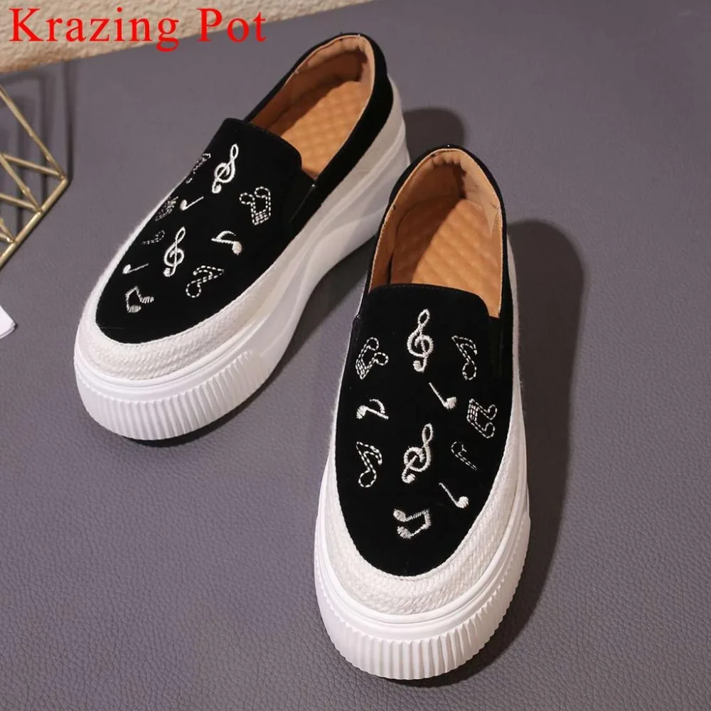 

2019 new kid suede round toe thick med bottom platform slip on musical symbol embroidery round toe loafers vulcanized shoes L21