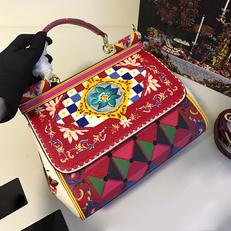 

Luxury Brand Bag Ethnic Style Bucket Bag Genuine Cow Leather Shoulder Bags Women Famous Designer Flowers Printed Bags Sac