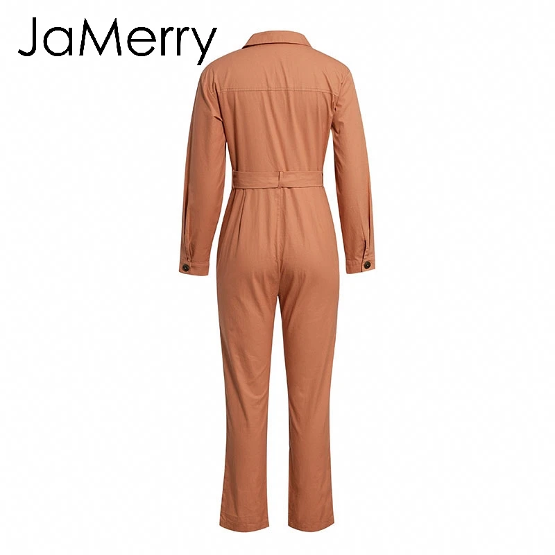 JaMerry Vintage casual cargo cotton women's jumpsuit Sashes orange pocket sports jumpsuit overall Solid autumn winter romper