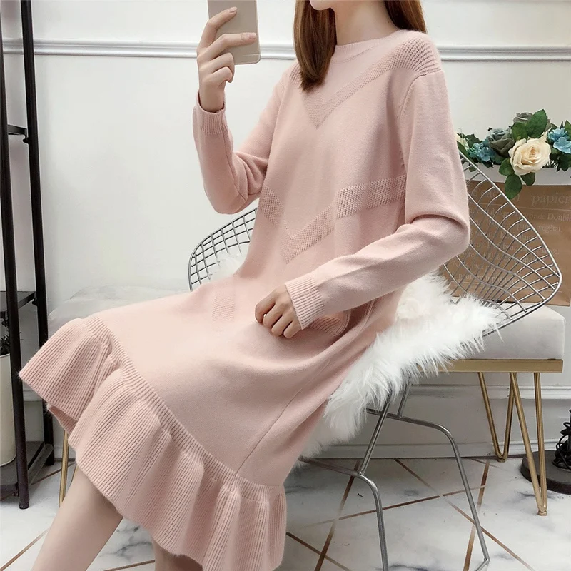 chic Winter Black Sweater Dress Women O-neck Long Sleeve Mid-Calf thick Knit Dress bodycon female slim girl short dress