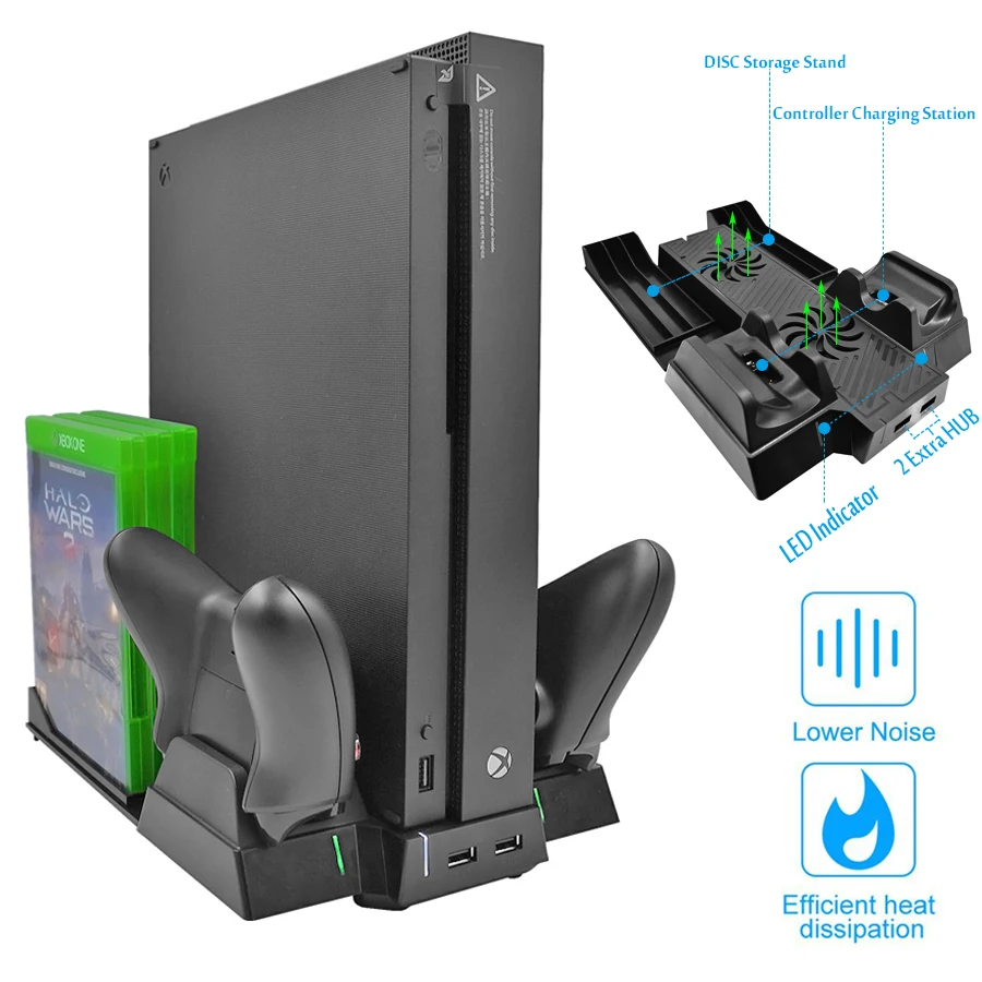 Yoteen вертикальная подставка для Xbox One X Охлаждающие вентиляторы контроллер зарядное устройство с 2 usb-хаб порты и диски стеллаж для хранения