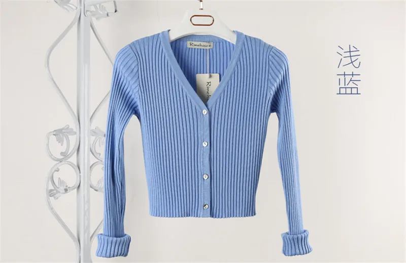 Модный женский свитер ярких цветов, женский кардиган, верхняя одежда, короткий дизайн, длинный рукав, женские кардиганы, вязаные свитера, топы - Цвет: Light Blue
