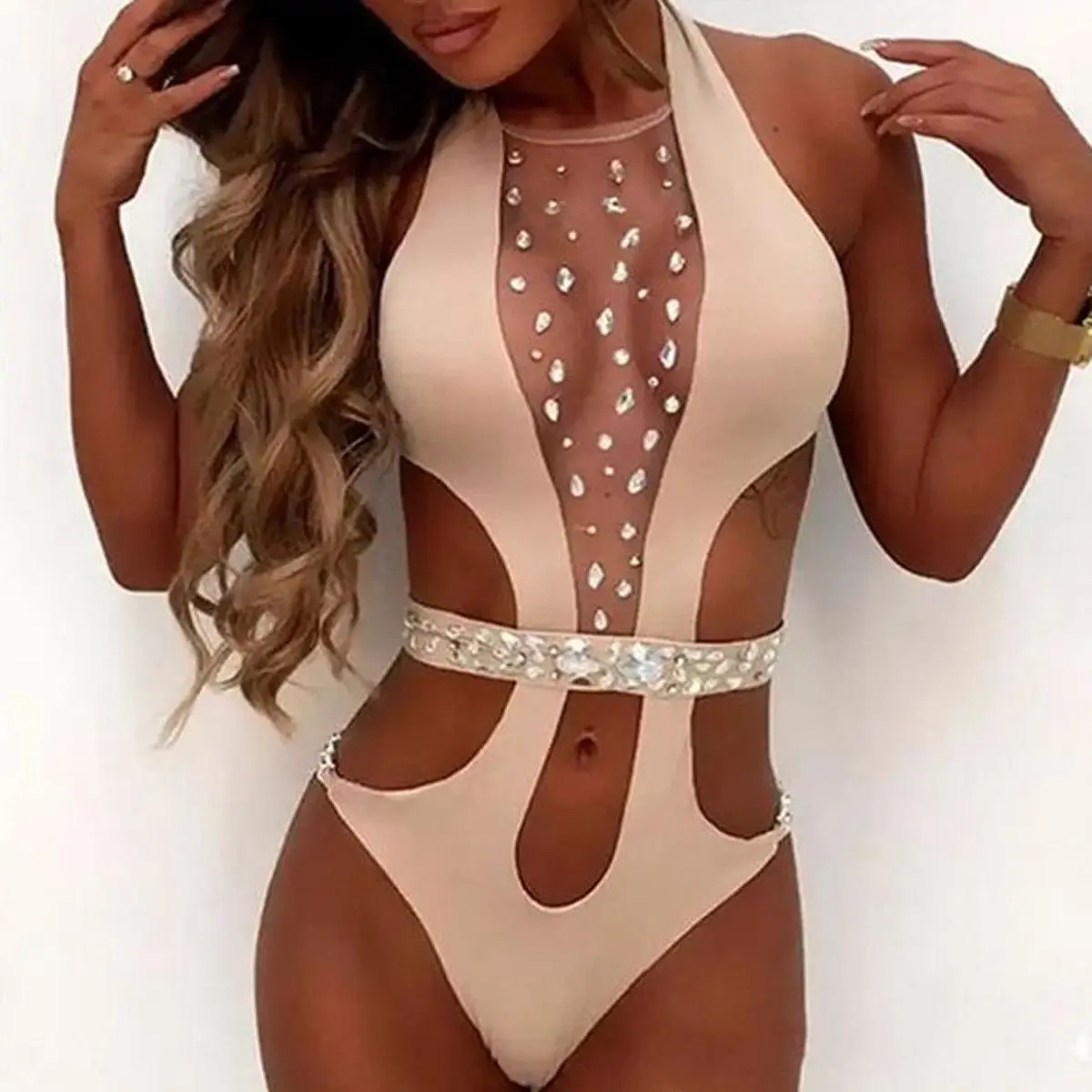

Rhinestone Crystal Women Monokini One Piece Swimsuit Beachwear Swimwear Bikini Push-up Bathing Biquini