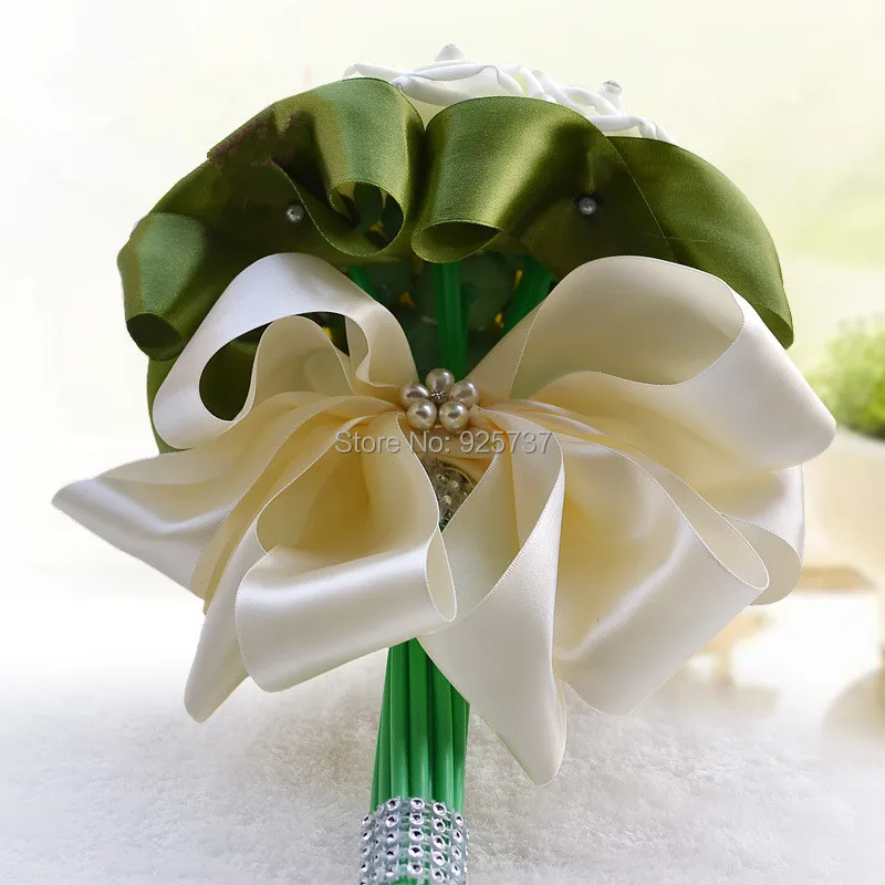 Букет de fleurs Mariage белый букет невесты Свадебные цветы Свадебные букеты зеленый шелковыми лентами Кристалл Свадебные букеты
