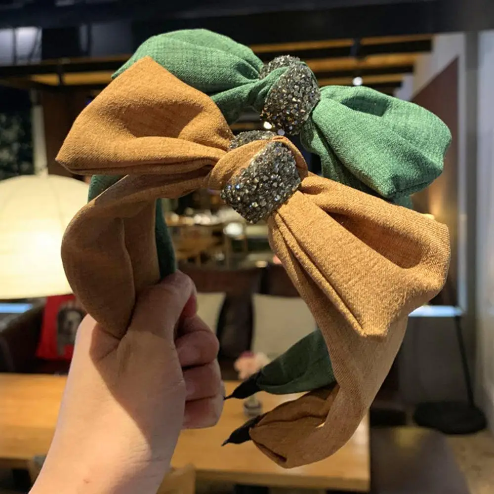 

Korean Luxury Jewelry Rhinestone Headband Ladies Women Solid Color Large Bow Wide Hair Hoop Cross Knot Boutique Party Headwear