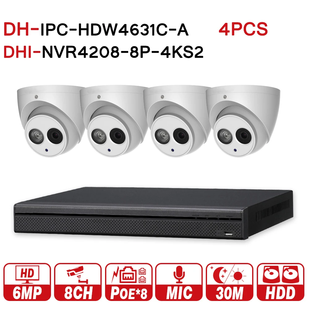 

DH original Security CCTV System 4pcs 6MP IP camera IPC-HDW4631C-A & 8POE 4K NVR NVR4208-8P-4KS2 Surveillance Security System