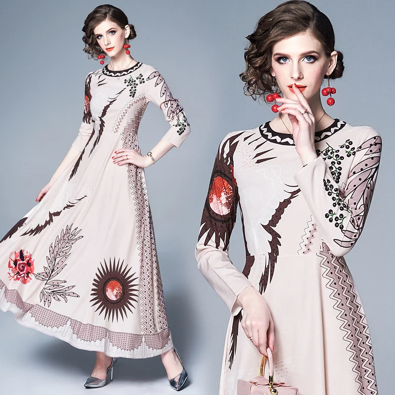 

2019 Summer Fall Runway Floral Baroque Print Crew Neck Long Sleeve Empire Waist Women Ladies' Casual A-Line Maxi Beach Dress