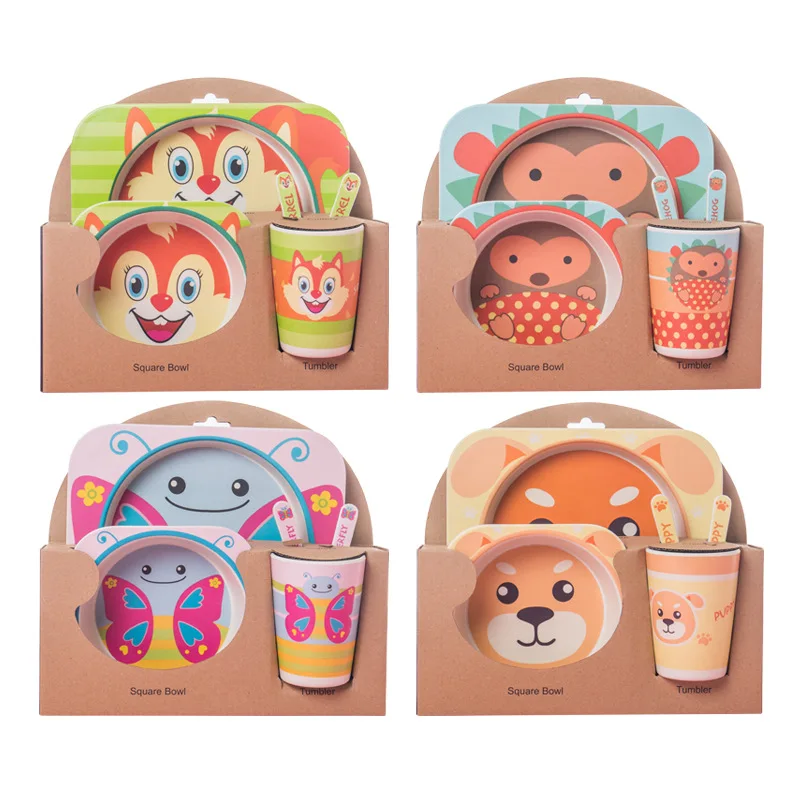 

High quality 5pcs/set animal zoo baby Dinnerware Plate bow cup Forks feeding Set 100% bamboo fiber Baby children tableware set