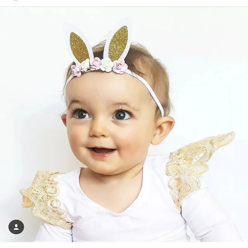 

Naturalwell Newborns Silver Bunny Ears Kids Headband nylon Bandage Easter Girl Christening Headband Bunny Ears Accessory HC19062