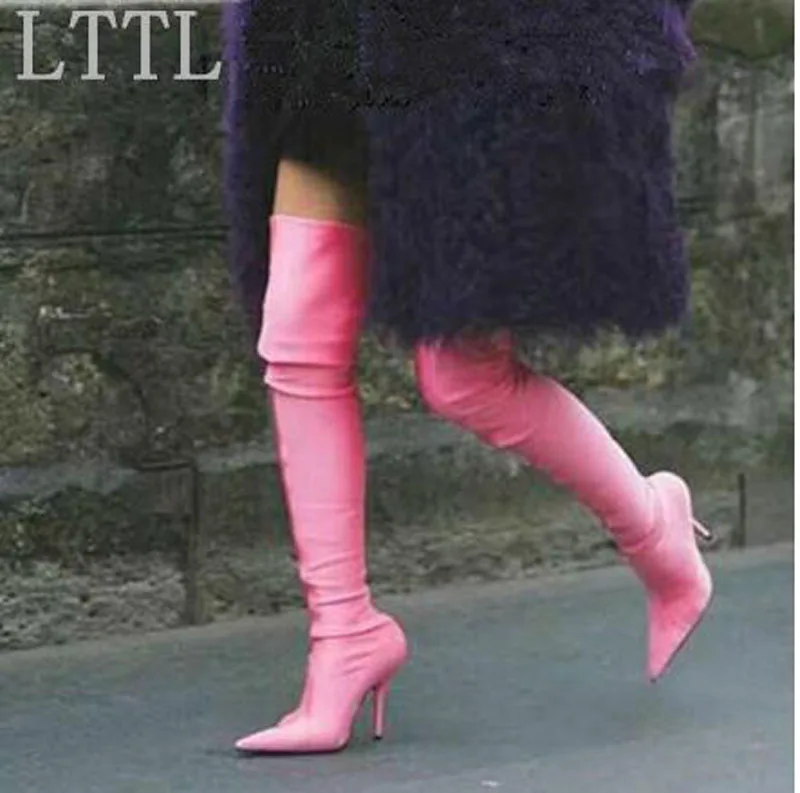 Дизайн Для женщин модные острый носок Атлас Сапоги выше колена длинные сапоги на высоком каблуке пикантные эластичные тонкие длинные обувь на тонком каблуке Туфли под платье