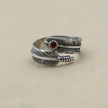 

Takahashi Kagura Goro Handmade Jewelry Thai Silver Feather Red Crystal Ring S925 Sterling Silver Retro Couple Ring