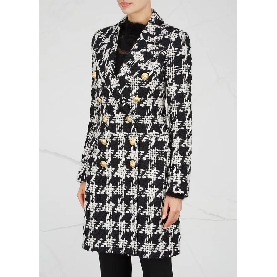 

EXCELLENT QUALITY 2018 Stylish Designer Blazer Coat for Women Double Breasted Lion Buttons Tweed Houndstooth Wool Coat