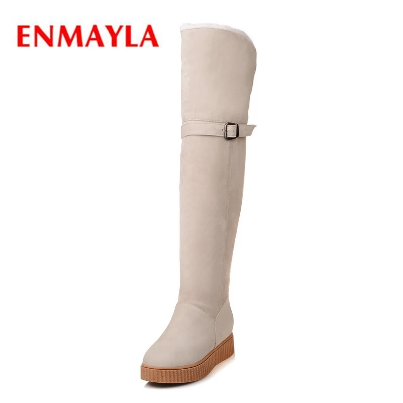ENMAYLA/новые стильные женские Сапоги выше колена с круглым носком и пряжкой, без шнуровки, на плоской подошве, женские теплые сапоги из флока и