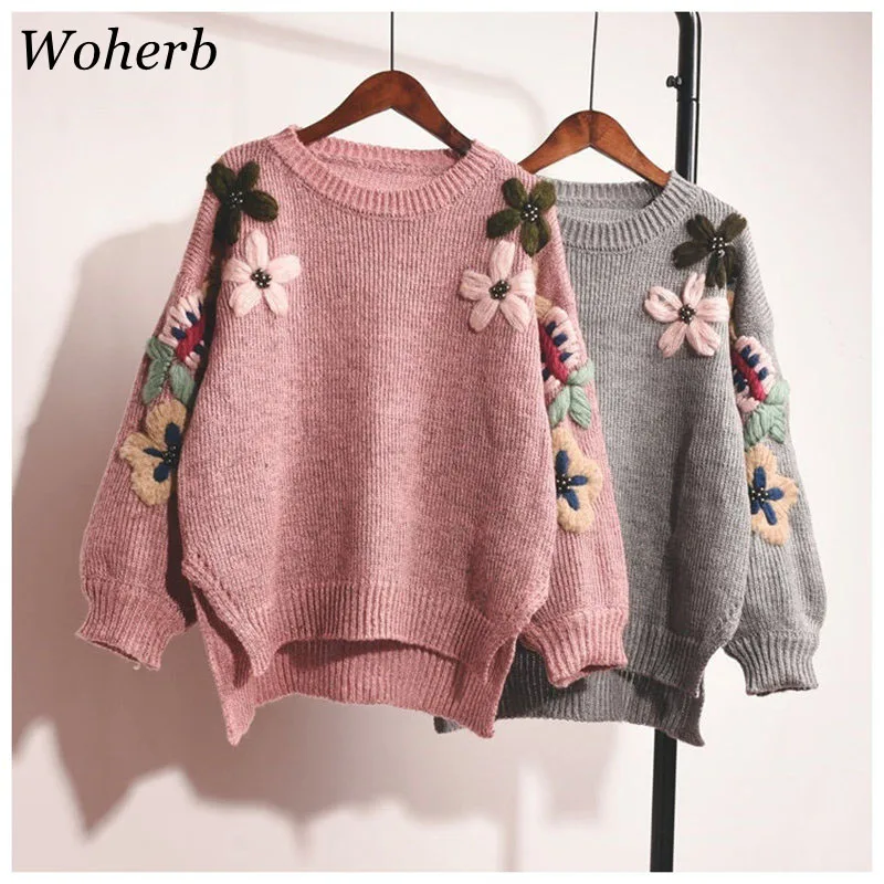 

Woherb Autumn 2019 Elegant Flower Embroidery Knitted Sweater Women Loose Vintage Pullover Sueter Mujer Jumper Pull Femme 20111