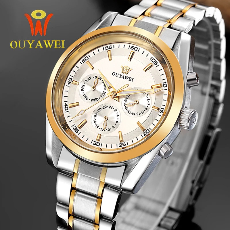 

OUYAWEI Full Steel Strap mechanical watches GOLD Top Brand Luxury army for men 22mm leather skeleton wrist watch reloj hombre