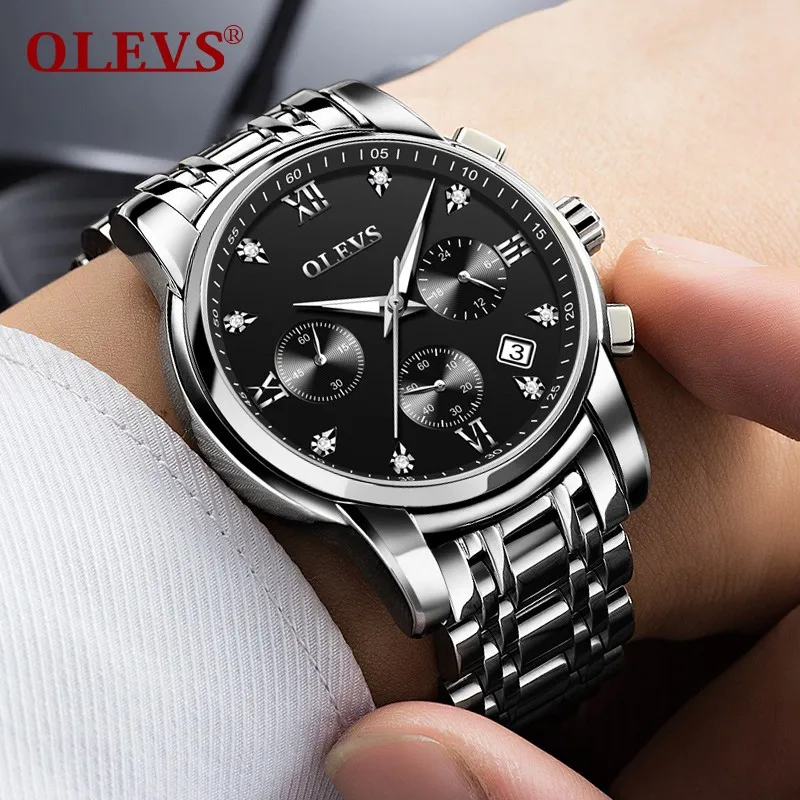 

relogio masculino OLEVS Mens Watches Black Chronograph Luxury Business Quartz Watch Sport Men Full Steel Waterproof Wristwatch