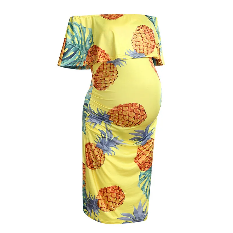 Maternity clothes summer 2019  new Women Maternity Summer Off Shoulder Pineapple Print Casual Pregnancy Dress (3)