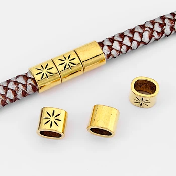 

10Pcs Antique Gold Small Bar Tube Carve Flower Slider Spacer Beads 10*7mm Hole For Licorice Leather Cord Finding