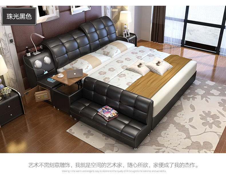  Genuine leather bed frame with storage and safe Modern Soft Beds Home Bedroom Furniture cama mueble - 32895102473
