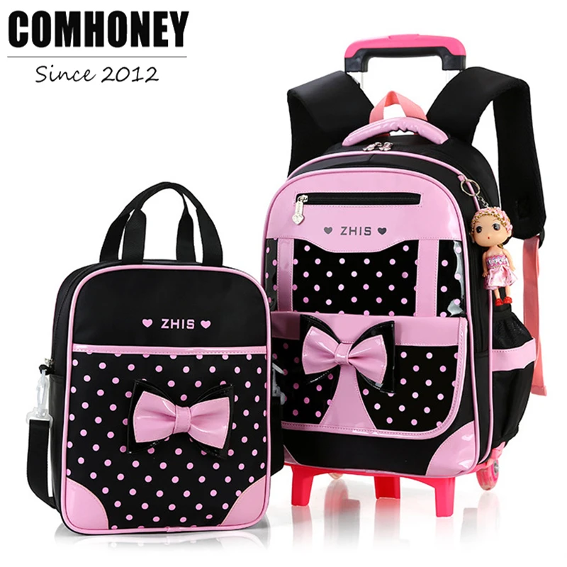 Los niños carro Mochilas bolsas para el colegio para Niñas con la muñeca Ruedas dibujos animados impermeable niños escuela mochila Niñas escuela Bolsas|trolley school bag|kids trolley school bagschool bags -