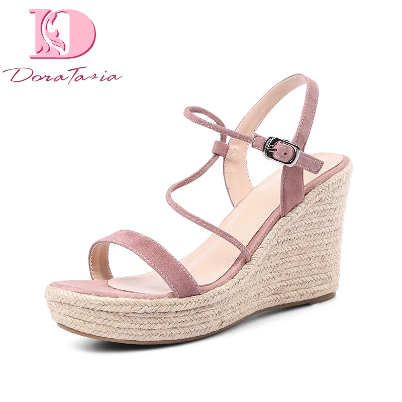

DoraTasia Kid Suede Genuine Leather Wedges High Heel Woman Shoes Cross Strap Platform Women Shoes Summer Sandals