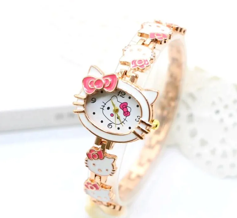 Новый рисунок «Hello Kitty» часы модные дамы Quart Смотреть Винтаж дети мультфильм Наручные часы для девочек бренд женщин кварца браслет часы
