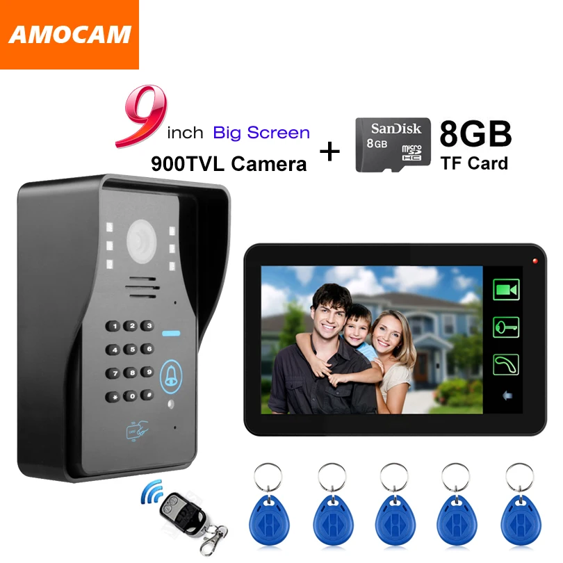 

9" Touch Monitor Video Record video door phone Intercom Doorbell Password/ID Card/Remote Control/8GB Card Recording video