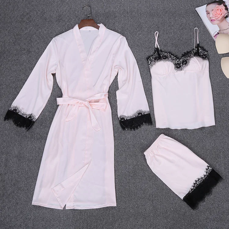 Женский пикантный Шелковый Атласный халат, пижамный комплект, кружевной комплект для сна, летний халат, комплект для ванной, Халат+ топ+ штаны, комплект из 3 предметов для женщин