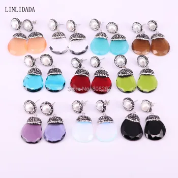 

5Pair Nature gem stone earrings, mixed color pave rhinestone with natural pearl drop earring